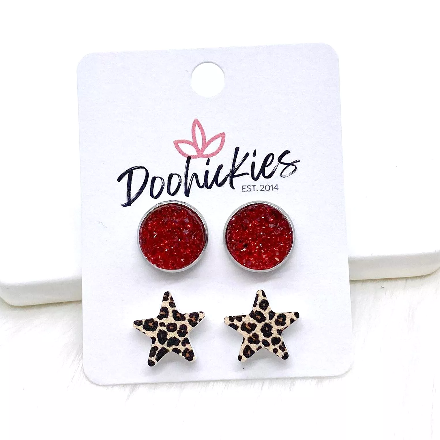 Patriotic Sparkles and Leopard Star Stud Earrings