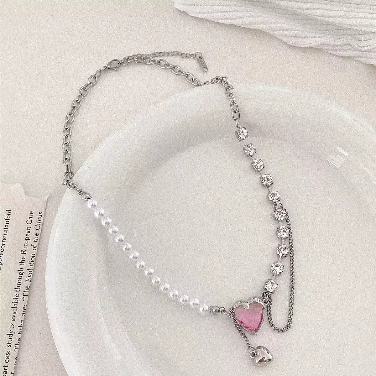 Pink Heart Pearl Chain Necklace - Lovesickdoe