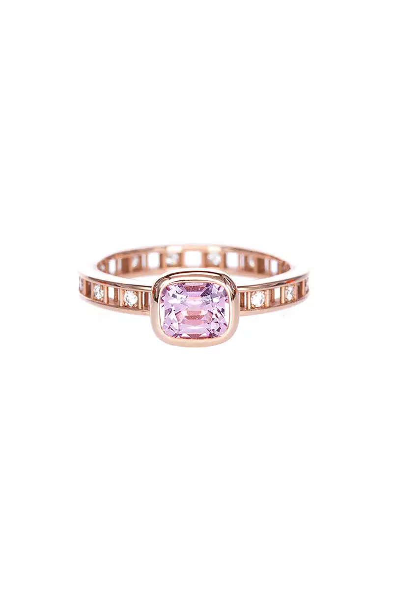 Pixel Dust Solitaire Ring Open Band - Light Pink Burmese Spinel Cushion w/White Diamonds RG