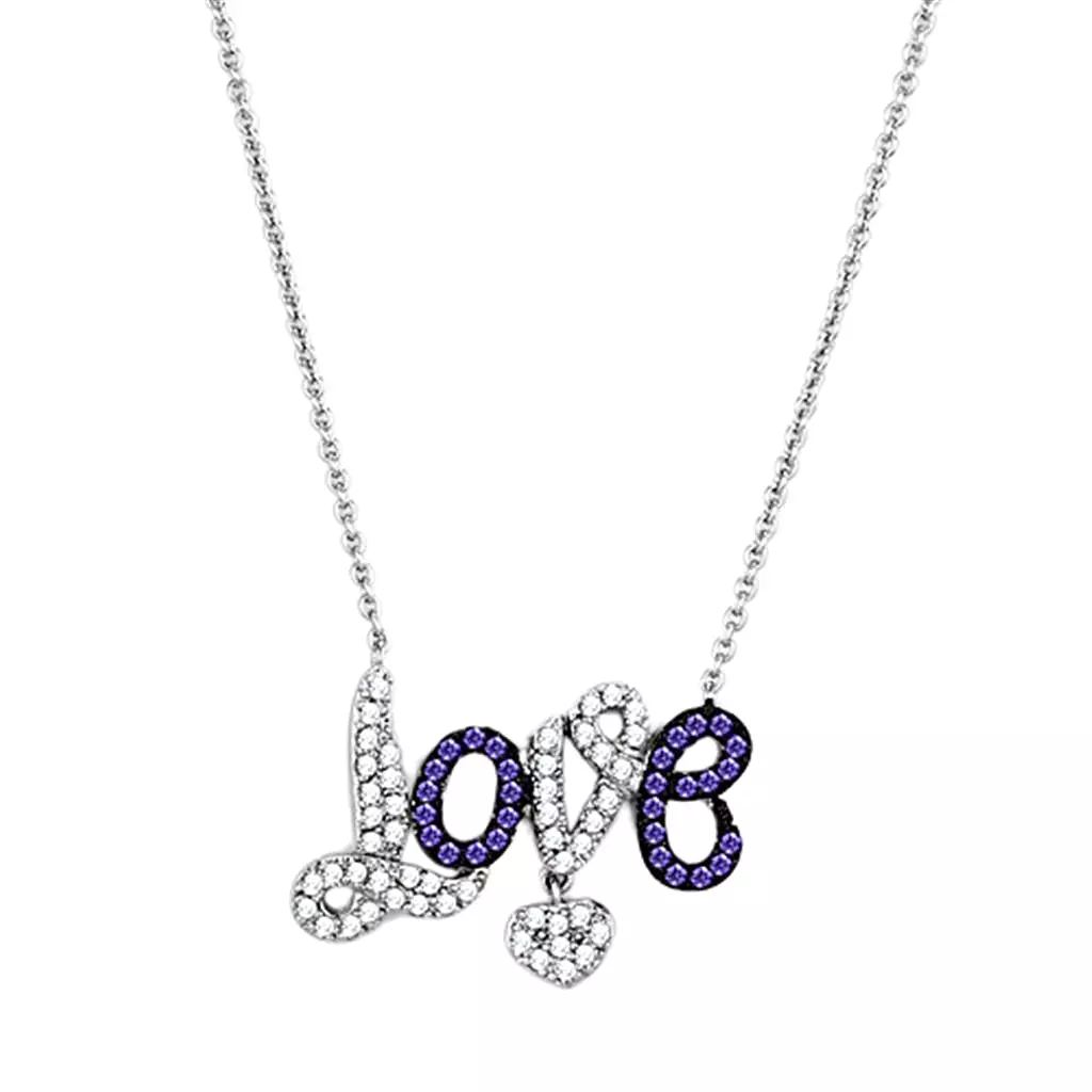 Rhodium + Ruthenium Brass Necklace CZ in Amethyst