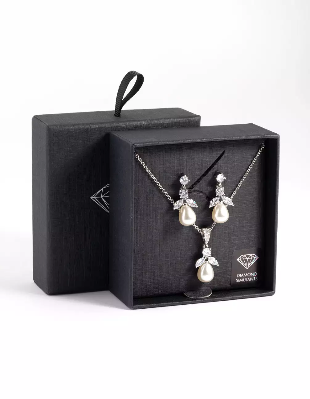 Rhodium Diamond Simulant Flower Pearl Necklace & Earrings Set