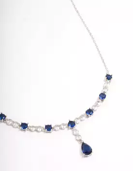 Rhodium Sapphire Stone Drop Necklace