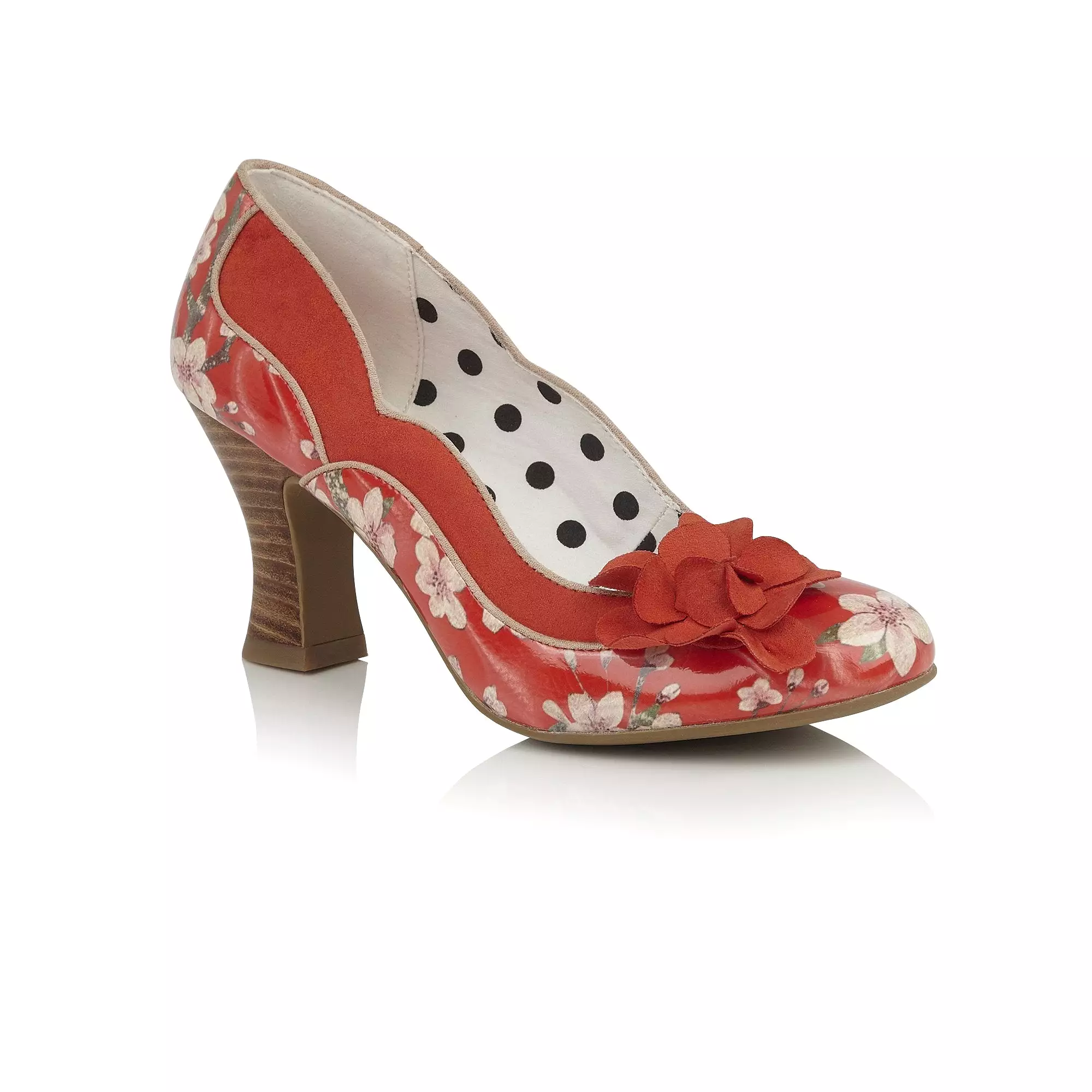 Ruby Shoo Coral Red Floral Heeled Corsage Viola Court Shoes