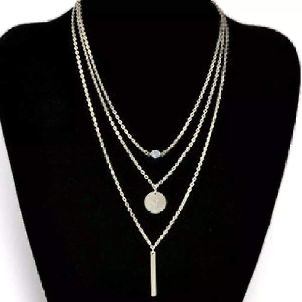 Silver Layered Bar, Disc, and Crystal Necklace