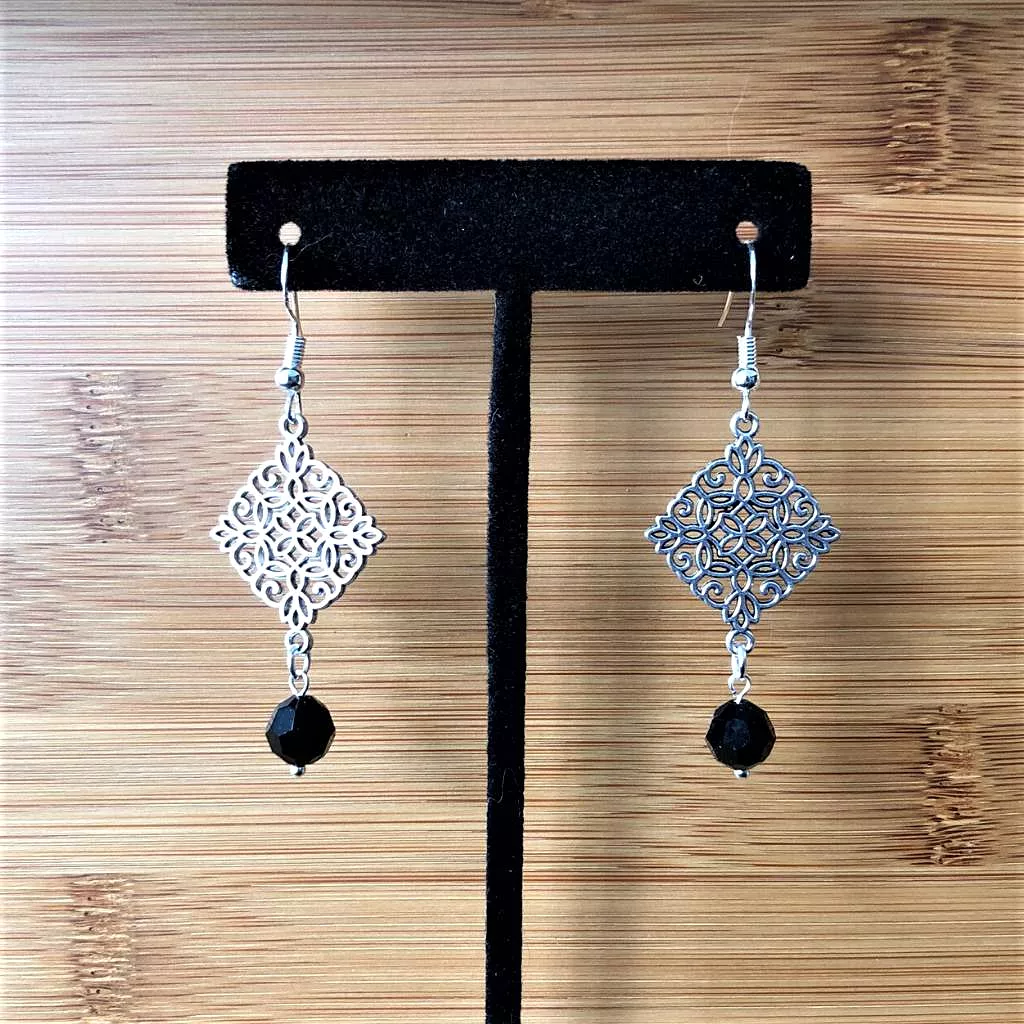 Silver Ornate Diamond and Black Crystal Dangle Earrings