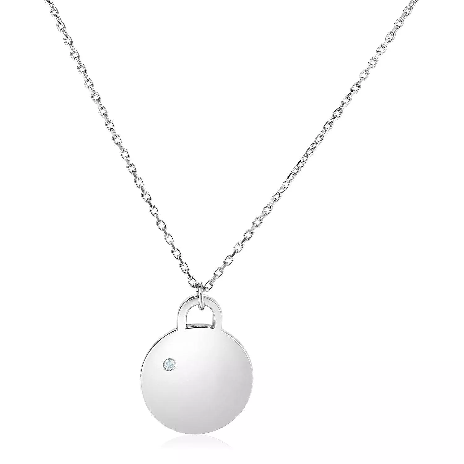 Sterling Silver 18 inch Necklace with Polished Disc with Diamond