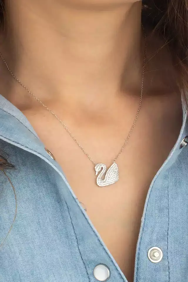 sterling Silver Zircon Stone Swan Pendant - S1349585