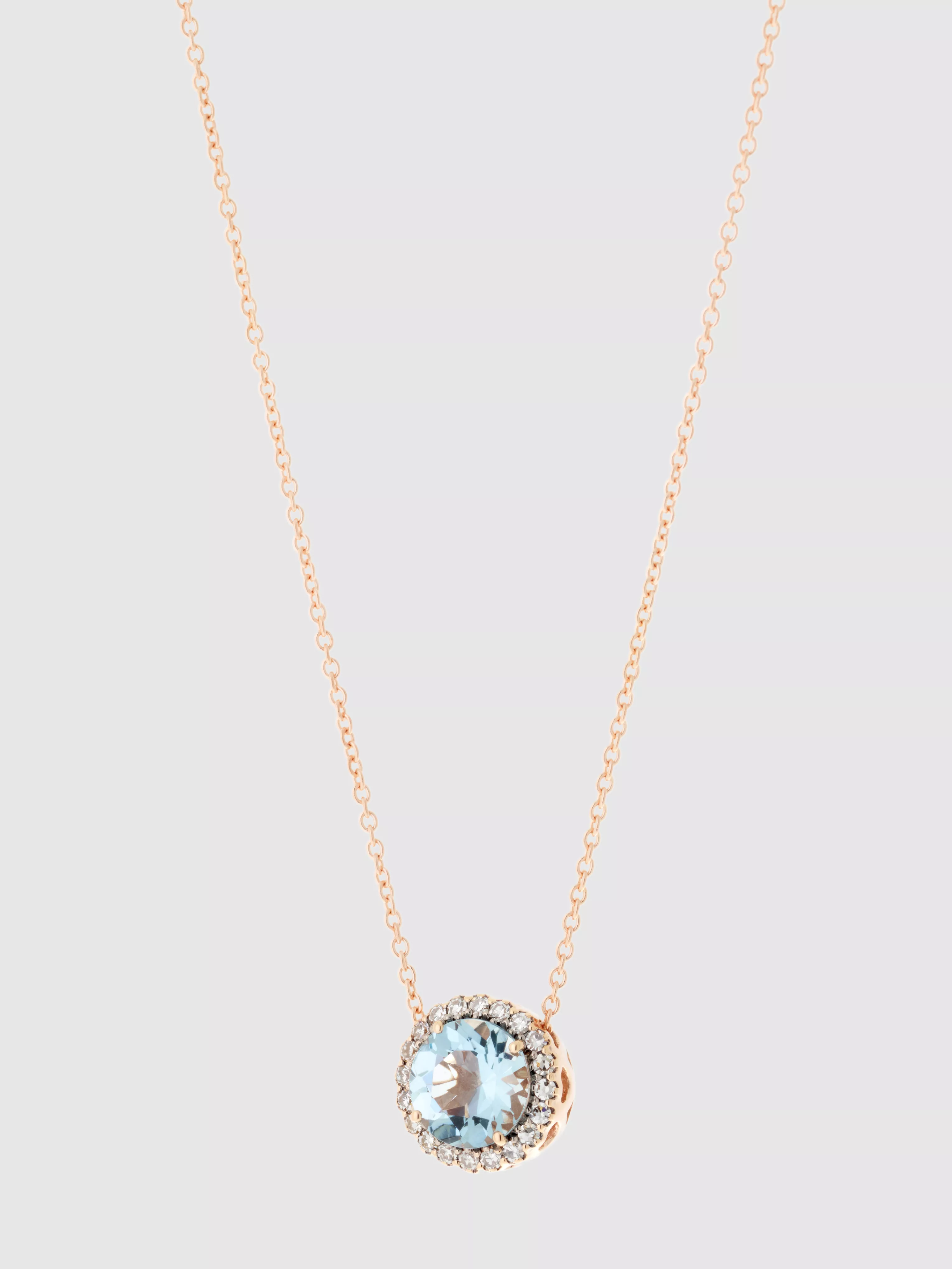 Stone Halo Necklace in Pink Gold/Diamond/Aquamarine