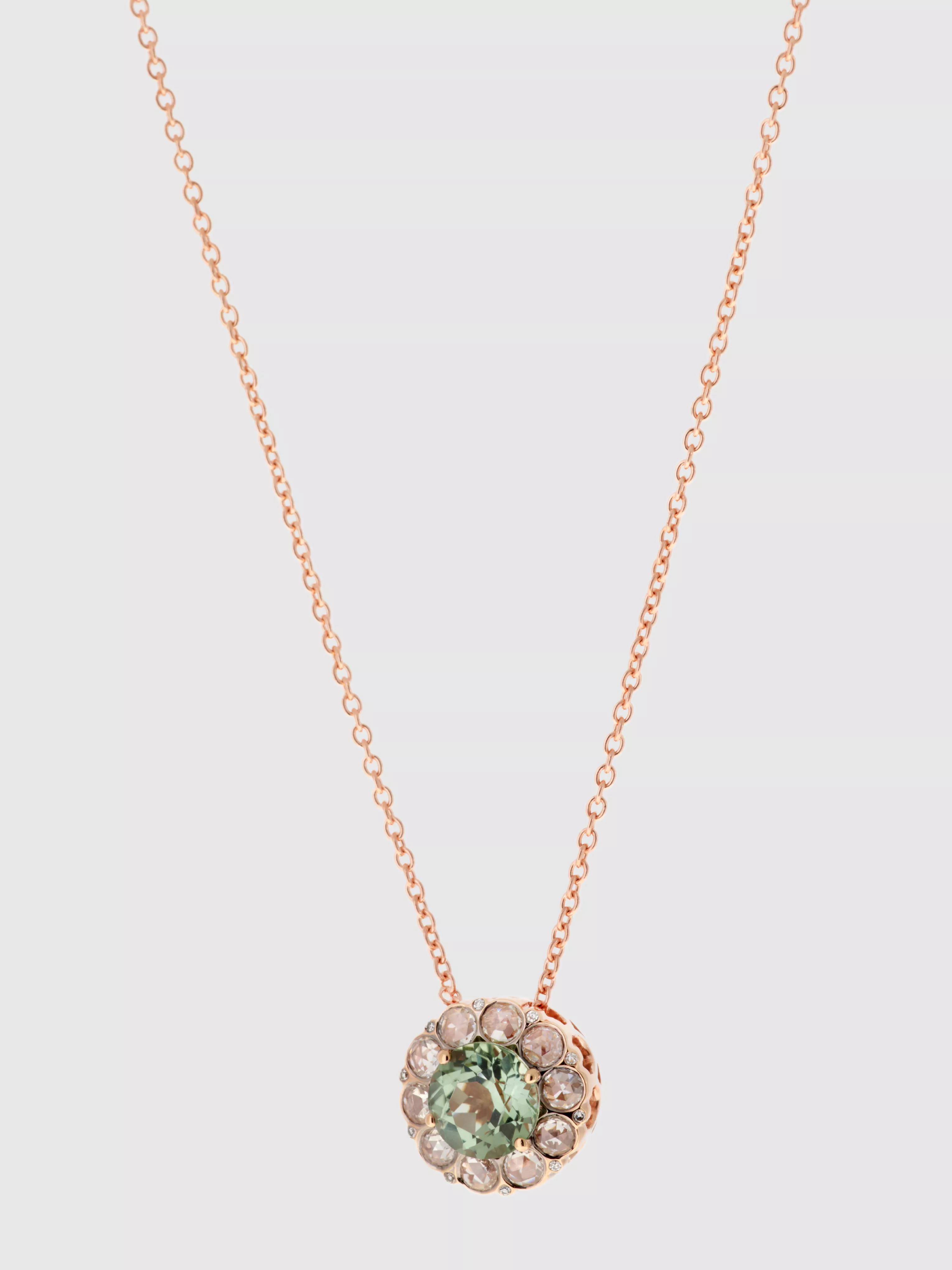 Stone Halo Necklace in Pink Gold/Diamond/Green Tourmaline