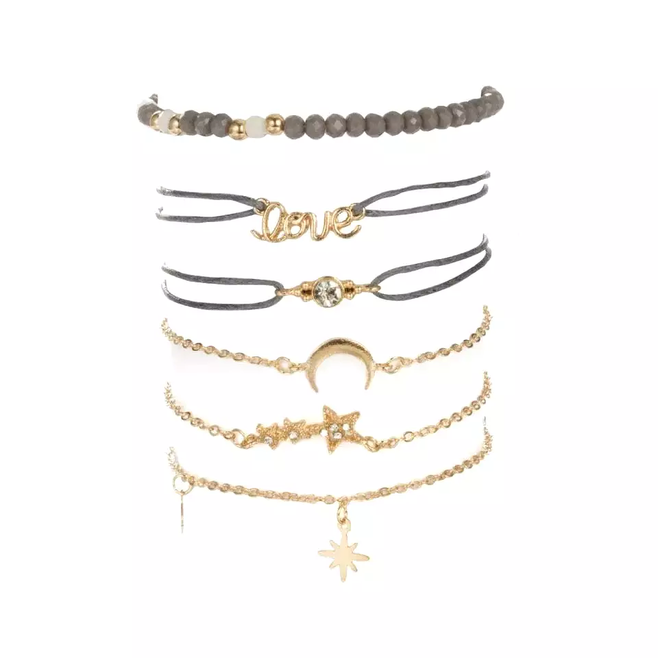 Tocona Boho Love Moon Bracelets for Women Charms Bead Gold Color Star Clear Crystal Stone Letter Rope Jewelry Accessorie