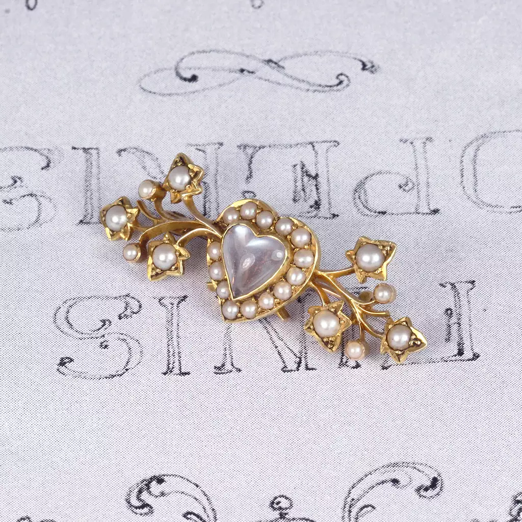 Victorian Heart Shape Moonstone and Pearl Brooch