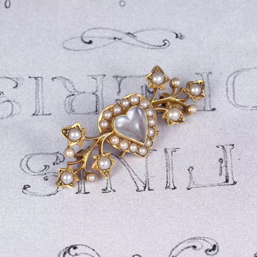 Victorian Heart Shape Moonstone and Pearl Brooch