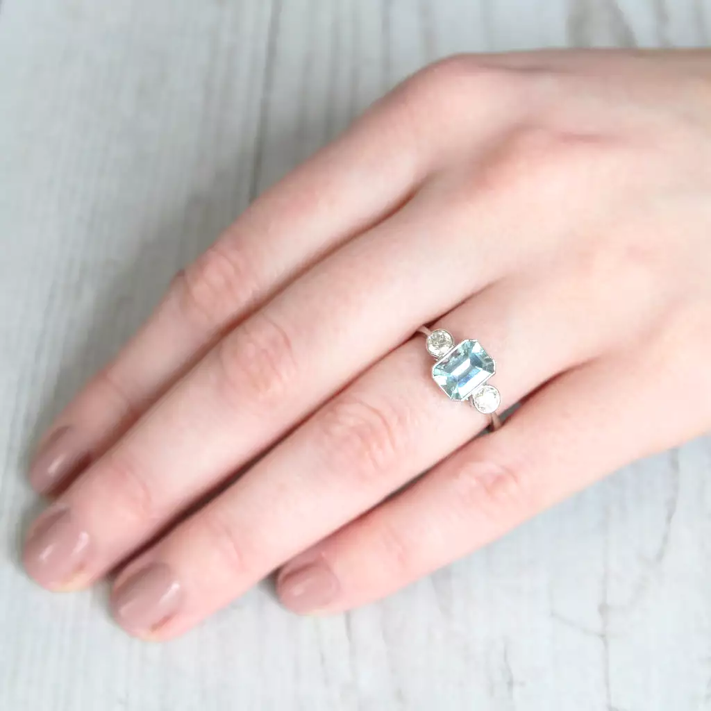 Vintage Style 1.30 Carat Aquamarine and Diamond Three Stone