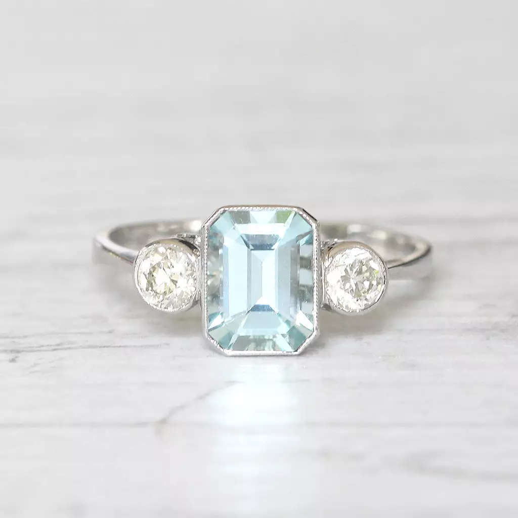 Vintage Style 1.30 Carat Aquamarine and Diamond Three Stone