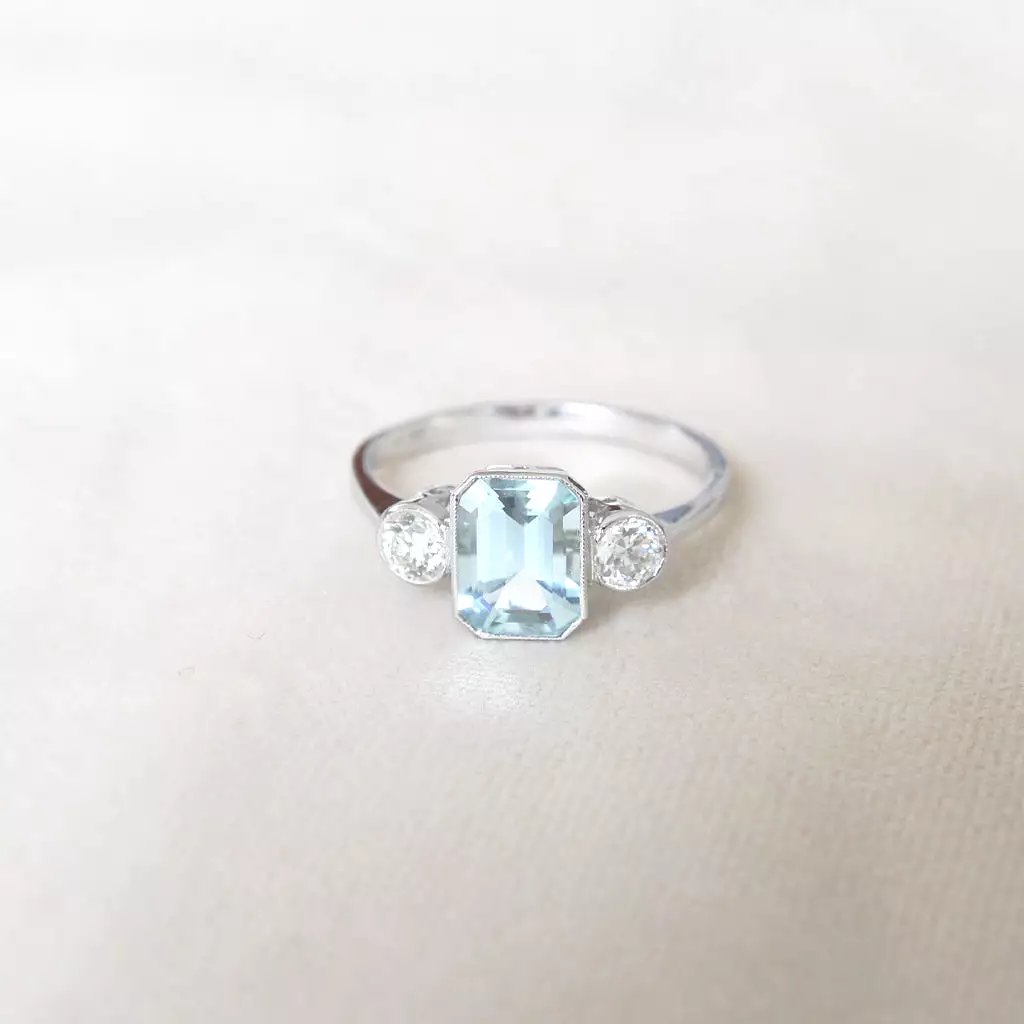 Vintage Style 1.30 Carat Aquamarine and Diamond Three Stone