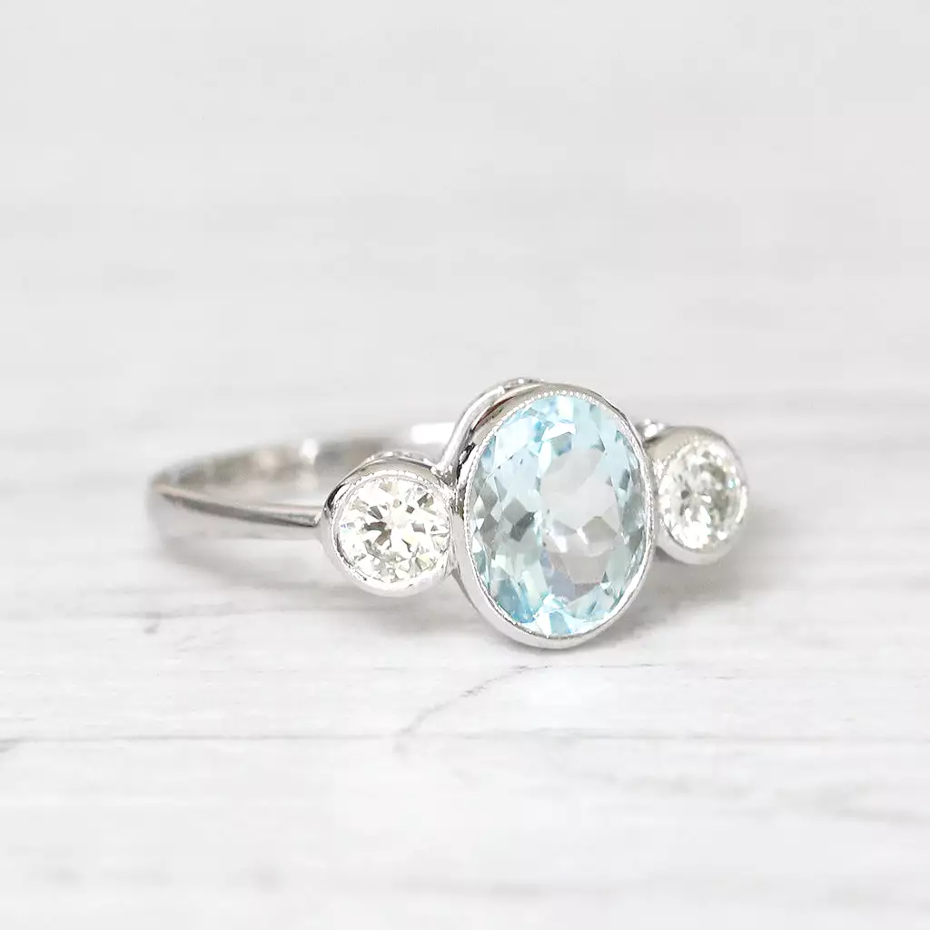 Vintage Style 1.30 Carat Aquamarine and Diamond Three Stone