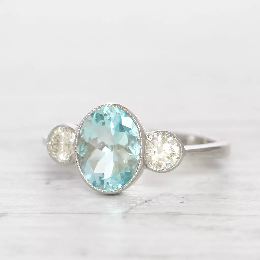 Vintage Style 1.40 Carat Aquamarine and Diamond Three Stone