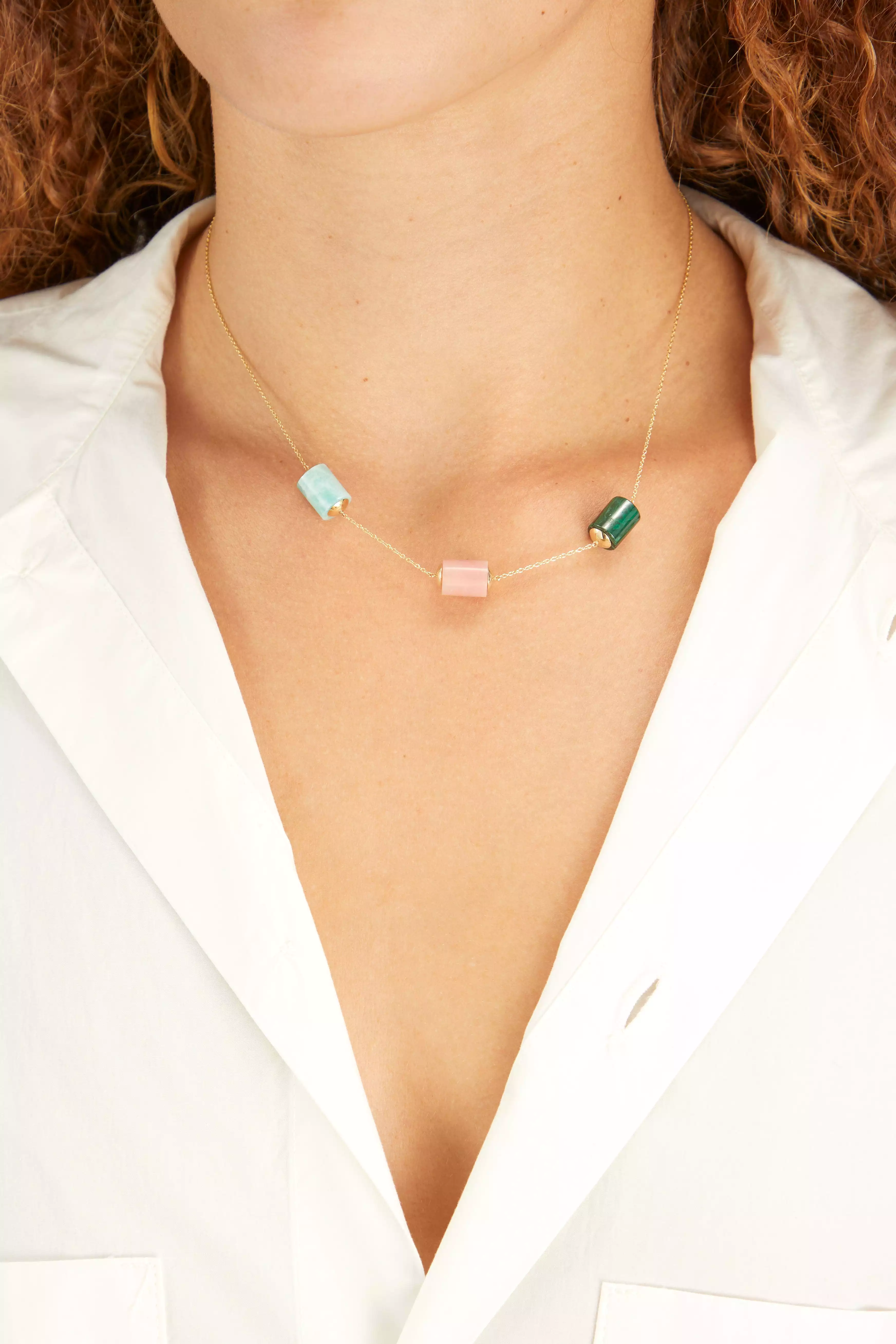 Yellow Gold Deco Cilindro Trio Necklace in Amazonite/Pink Opal/Malachite