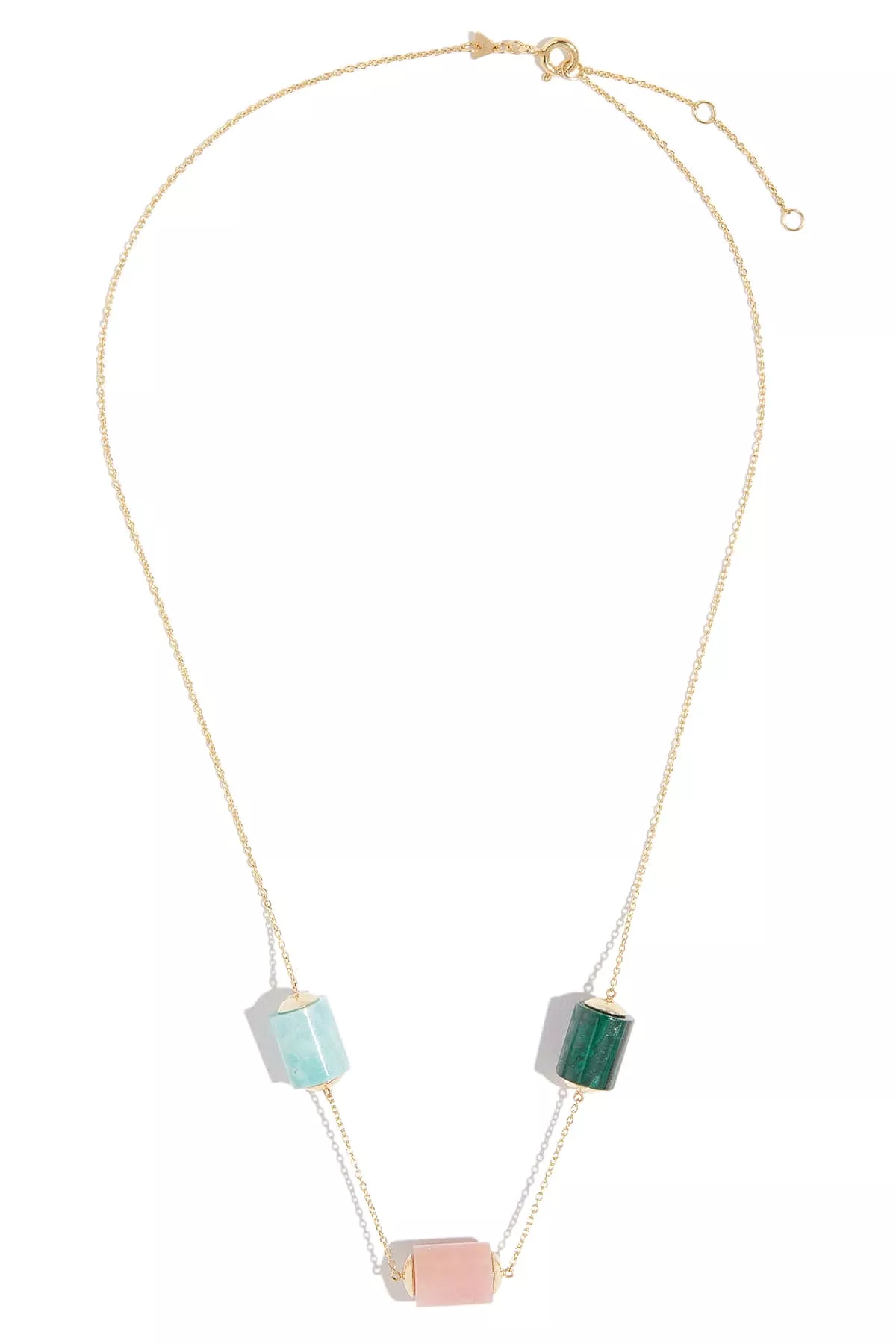 Yellow Gold Deco Cilindro Trio Necklace in Amazonite/Pink Opal/Malachite