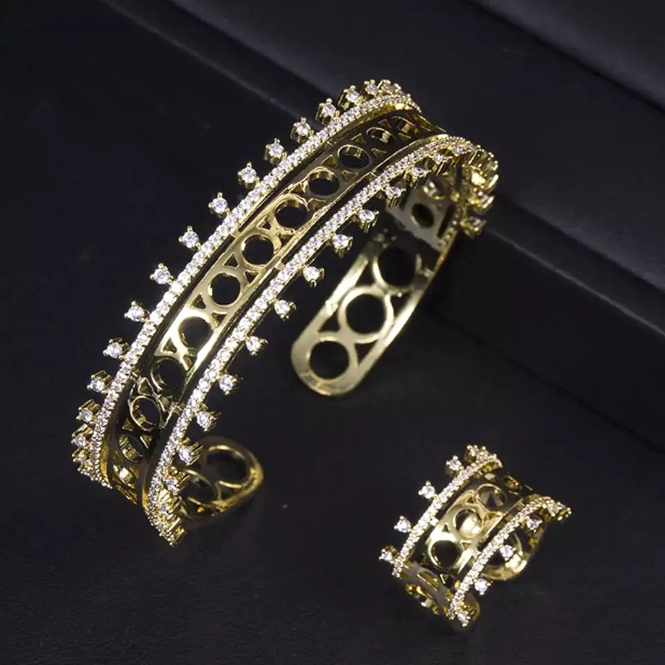 zircon Women's Wedding bangle with ring Gold Color jewelry set